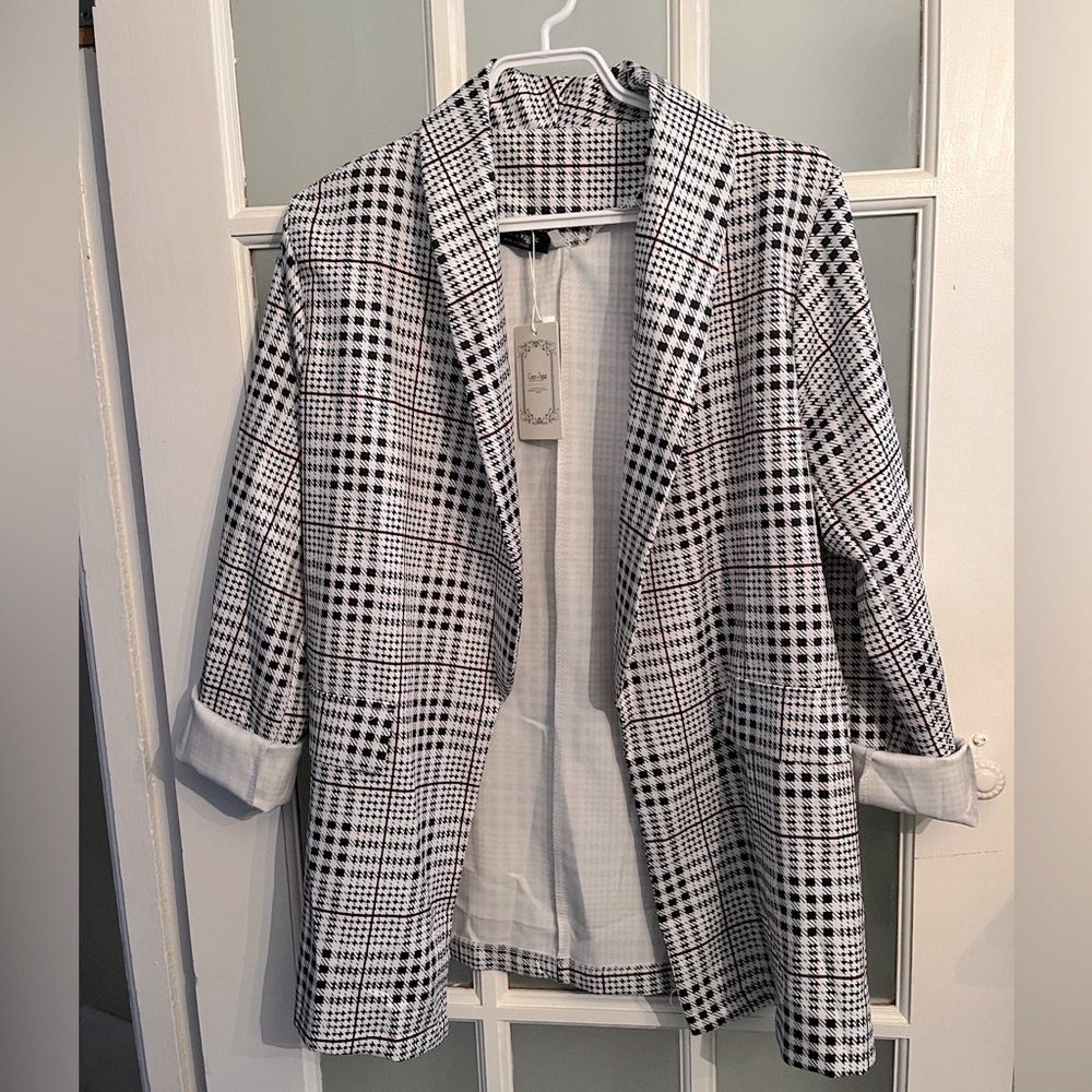 Womens Black & White Plaid Open-Front Blazer Jacket